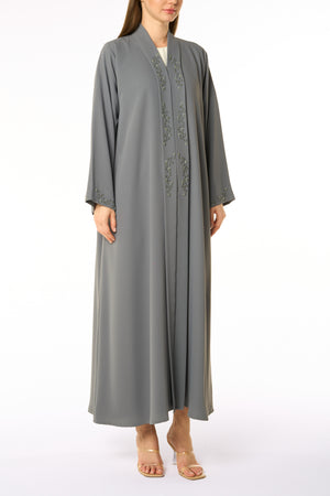Grey Zoe Crepe Abaya with Beaded Front Panels