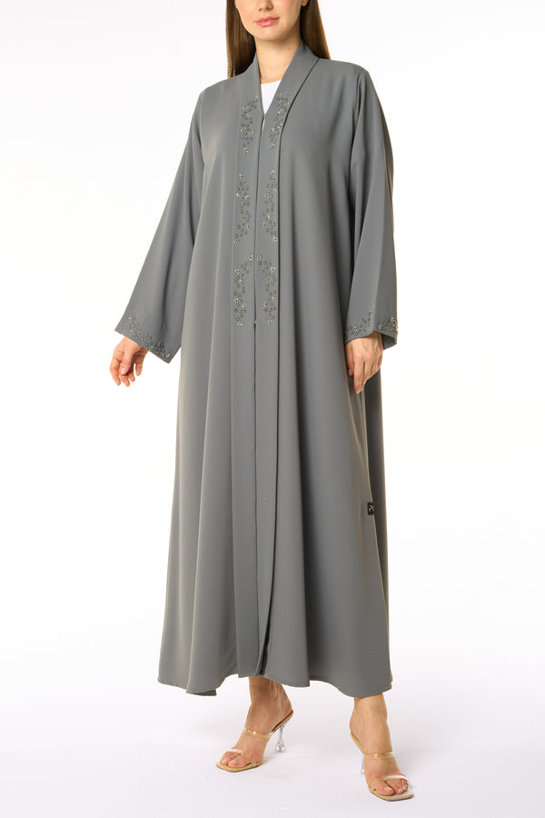 Grey Zoe Crepe Abaya with Beaded Front Panels