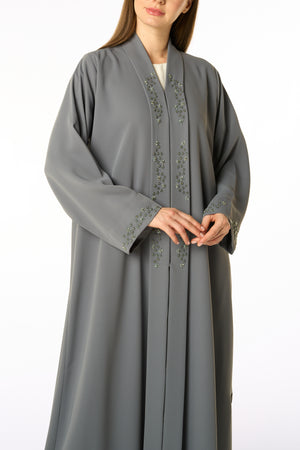 Grey Zoe Crepe Abaya with Beaded Front Panels