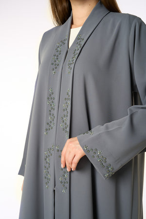 Grey Zoe Crepe Abaya with Beaded Front Panels