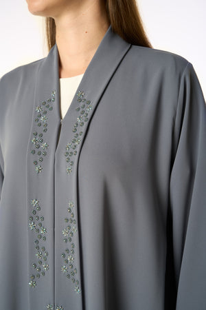 Grey Zoe Crepe Abaya with Beaded Front Panels