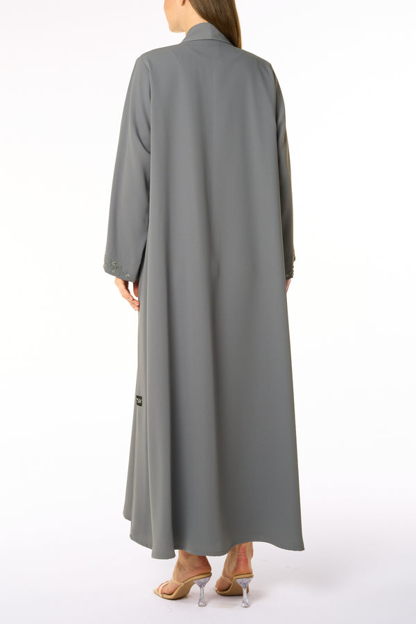 Grey Zoe Crepe Abaya with Beaded Front Panels