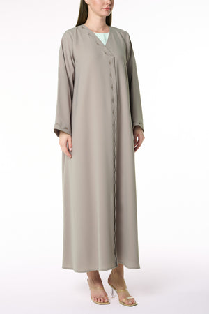 Beige Aroma Crepe Abaya with Scalloped Beadwork Panel