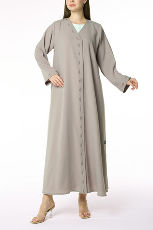 Beige Aroma Crepe Abaya with Scalloped Beadwork Panel