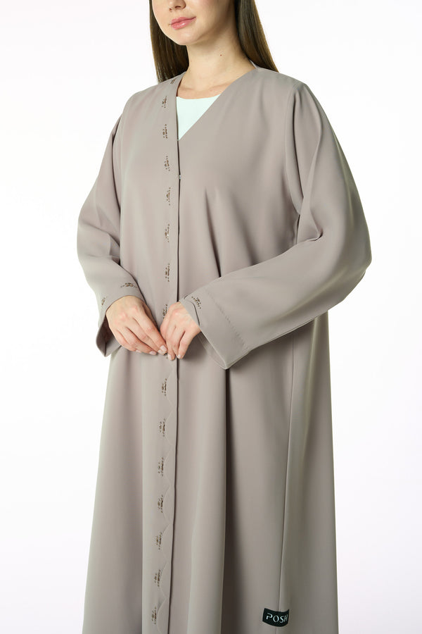 Beige Aroma Crepe Abaya with Scalloped Beadwork Panel