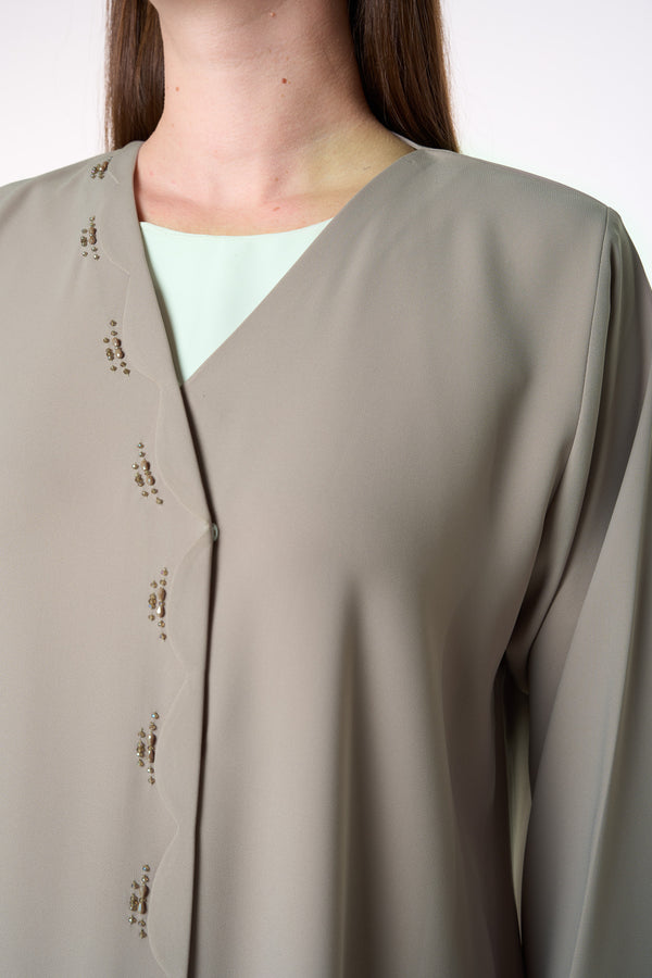 Beige Aroma Crepe Abaya with Scalloped Beadwork Panel