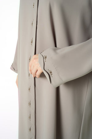 Beige Aroma Crepe Abaya with Scalloped Beadwork Panel