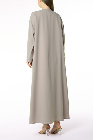 Beige Aroma Crepe Abaya with Scalloped Beadwork Panel