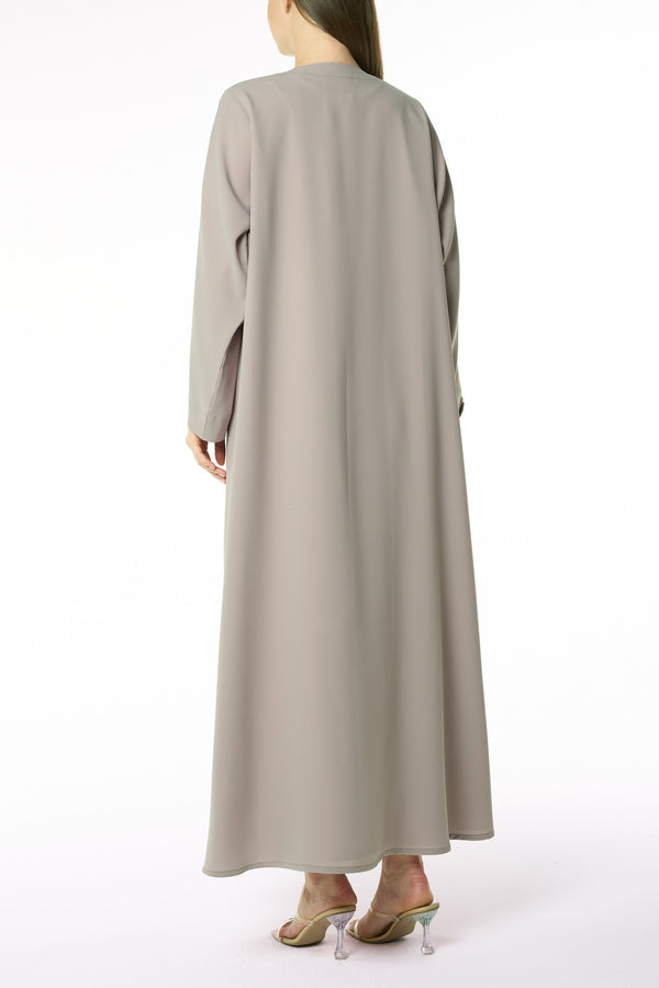 Beige Aroma Crepe Abaya with Scalloped Beadwork Panel