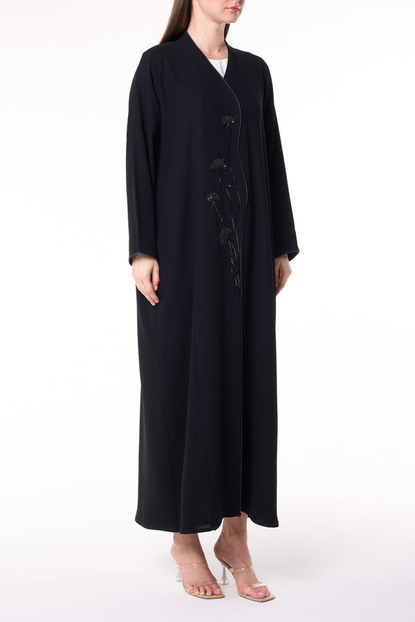 Black Wave Crepe Custom Abaya with Floral Beadwork and Green Piping
