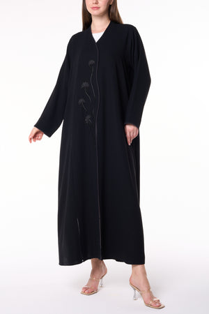 Black Wave Crepe Custom Abaya with Floral Beadwork and Green Piping