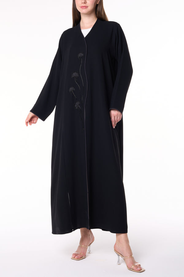Black Wave Crepe Custom Abaya with Floral Beadwork and Green Piping
