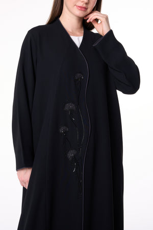 Black Wave Crepe Custom Abaya with Floral Beadwork and Green Piping