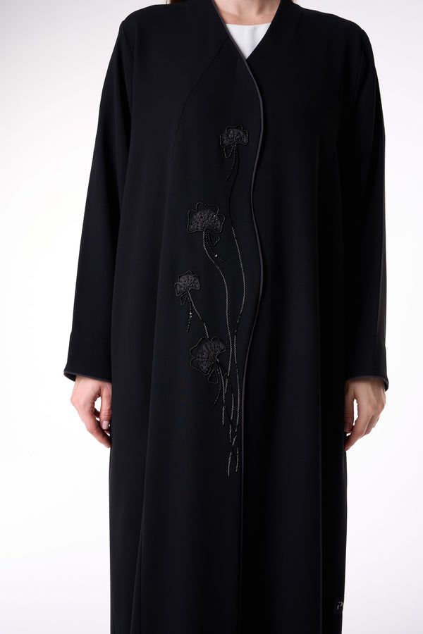 Black Wave Crepe Custom Abaya with Floral Beadwork and Green Piping