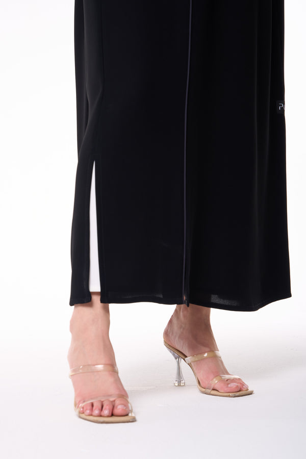 Black Wave Crepe Custom Abaya with Floral Beadwork and Green Piping