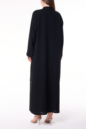 Black Wave Crepe Custom Abaya with Floral Beadwork and Green Piping