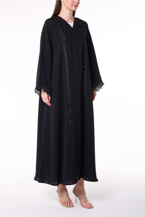 Black Reem Nada Abaya with Dual Lace Panel Detailing