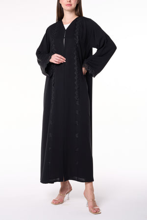 Black Reem Nada Abaya with Dual Lace Panel Detailing
