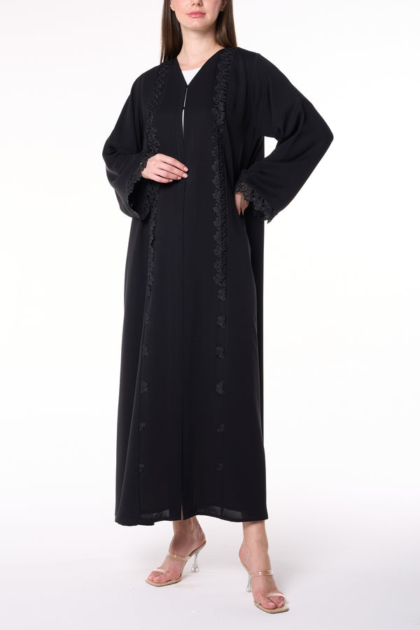 Black Reem Nada Abaya with Dual Lace Panel Detailing