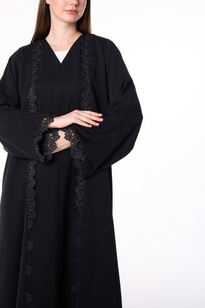 Black Reem Nada Abaya with Dual Lace Panel Detailing