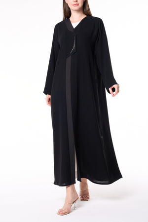 Black Mia Crepe Abaya with Metallic Stick Detail