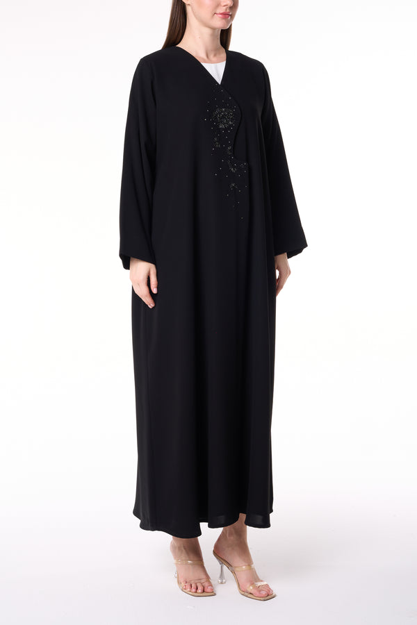 Black Jaime Crepe Custom  Abaya with Beadwork Accents