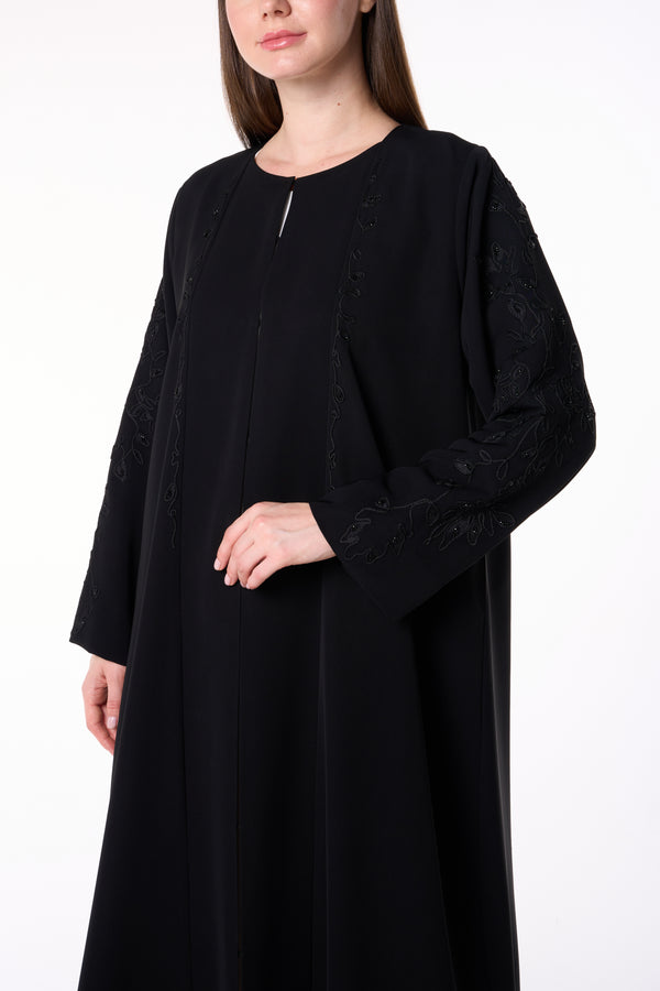 Black Reya Crepe Abaya with Resham Embroidery