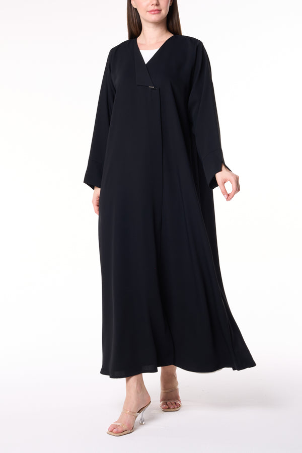 Black Layan Crepe Abaya with Classic Collar Detail