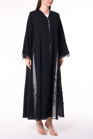 Black Royal Nada Abaya with Floral Beadwork Panels