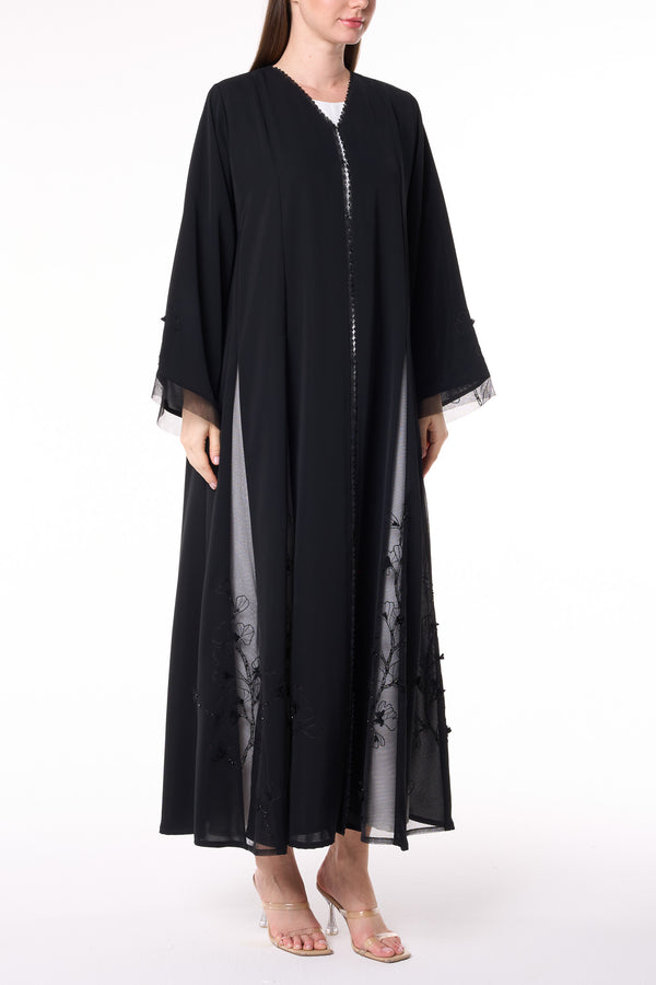 Black Royal Nada Abaya with Floral Beadwork Panels