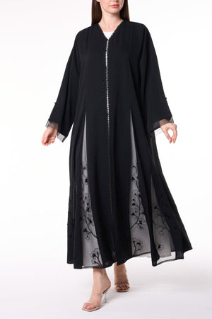 Black Royal Nada Abaya with Floral Beadwork Panels