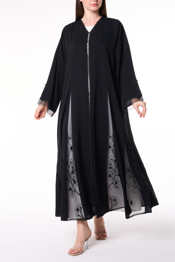Black Royal Nada Abaya with Floral Beadwork Panels