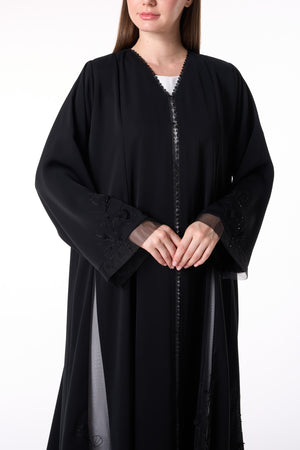 Black Royal Nada Abaya with Floral Beadwork Panels