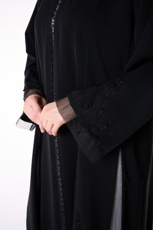 Black Royal Nada Abaya with Floral Beadwork Panels