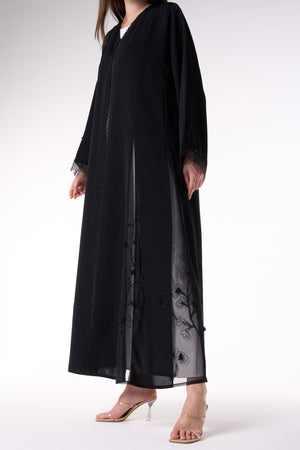 Black Royal Nada Abaya with Floral Beadwork Panels