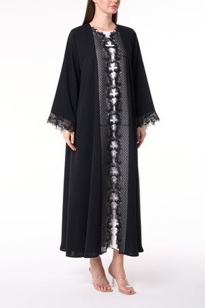 Premium Black Royal Nada Abaya with Beadwork and Lace Accents