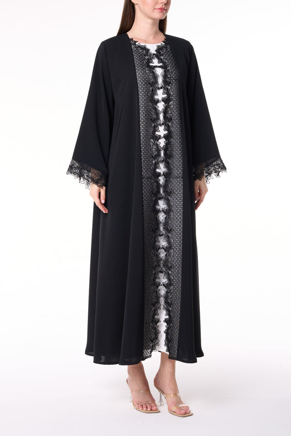 Premium Black Royal Nada Abaya with Beadwork and Lace Accents