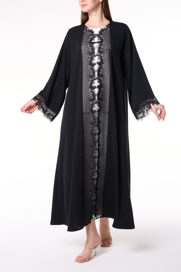 Premium Black Royal Nada Abaya with Beadwork and Lace Accents
