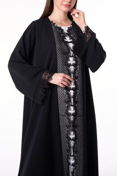 Black Royal Nada Custom Abaya, Front Beadwork Panel