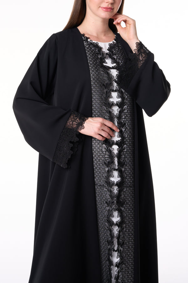Black Royal Nada Custom Abaya, Front Beadwork Panel