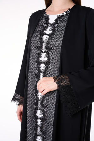 Premium Black Royal Nada Abaya with Beadwork and Lace Accents