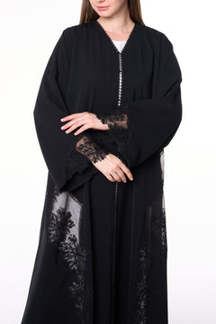 Black Royal Nada Custom Abaya, Front Beadwork