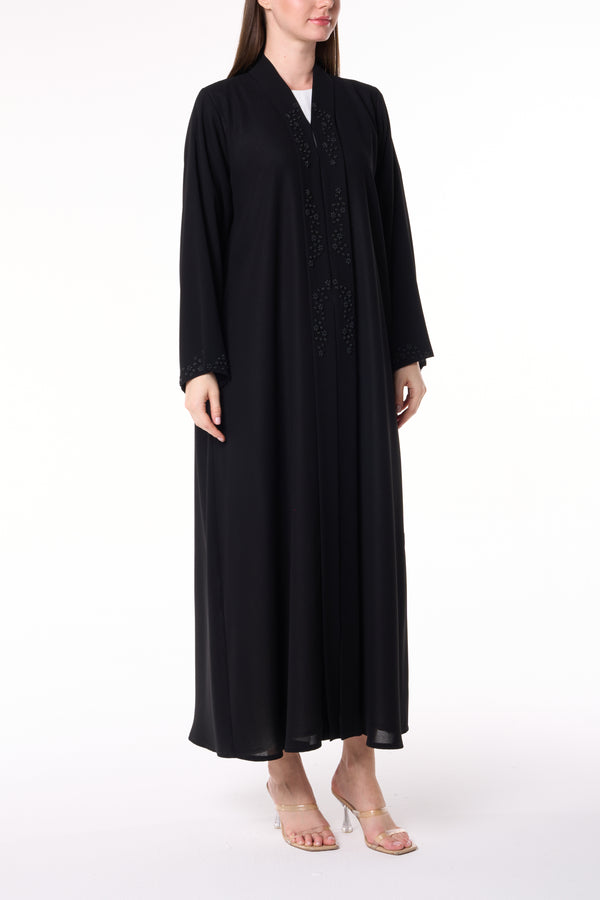 Black Shafa Crepe Abaya with Beaded Front Panels