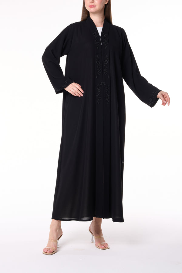 Black Shafa Crepe Abaya with Beaded Front Panels