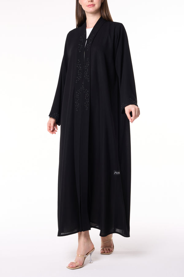 Black Shafa Crepe Abaya with Beaded Front Panels