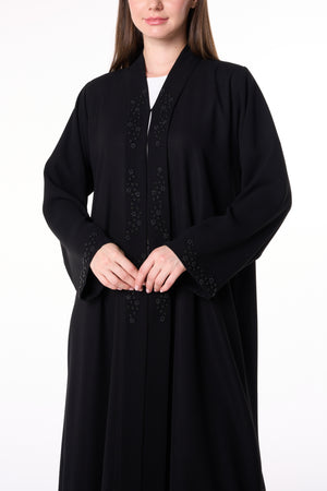 Black Shafa Crepe Abaya with Beaded Front Panels