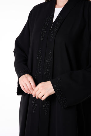 Black Shafa Crepe Abaya with Beaded Front Panels