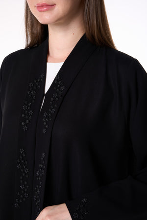 Black Shafa Crepe Abaya with Beaded Front Panels