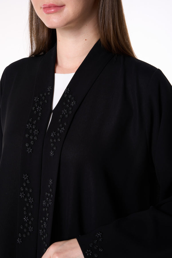 Black Shafa Crepe Abaya with Beaded Front Panels