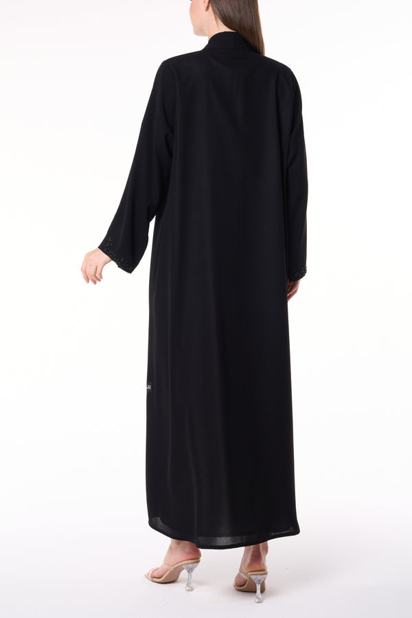 Black Shafa Crepe Abaya with Beaded Front Panels